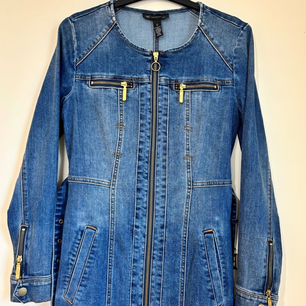 BWT INC International Concepts denim blue shirtdress gold zipper trench dress 2 - Picture 7 of 16
